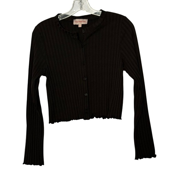 Lisa Says Gah Sweaters - Lisa Says Gah Ribbed Cardigan Black Knit Flower Buttons Lettuce Hem - Small